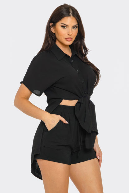 Front Tie Back Oversized Slit Top And Shorts Set - Tigbul's Variety Fashion Shop