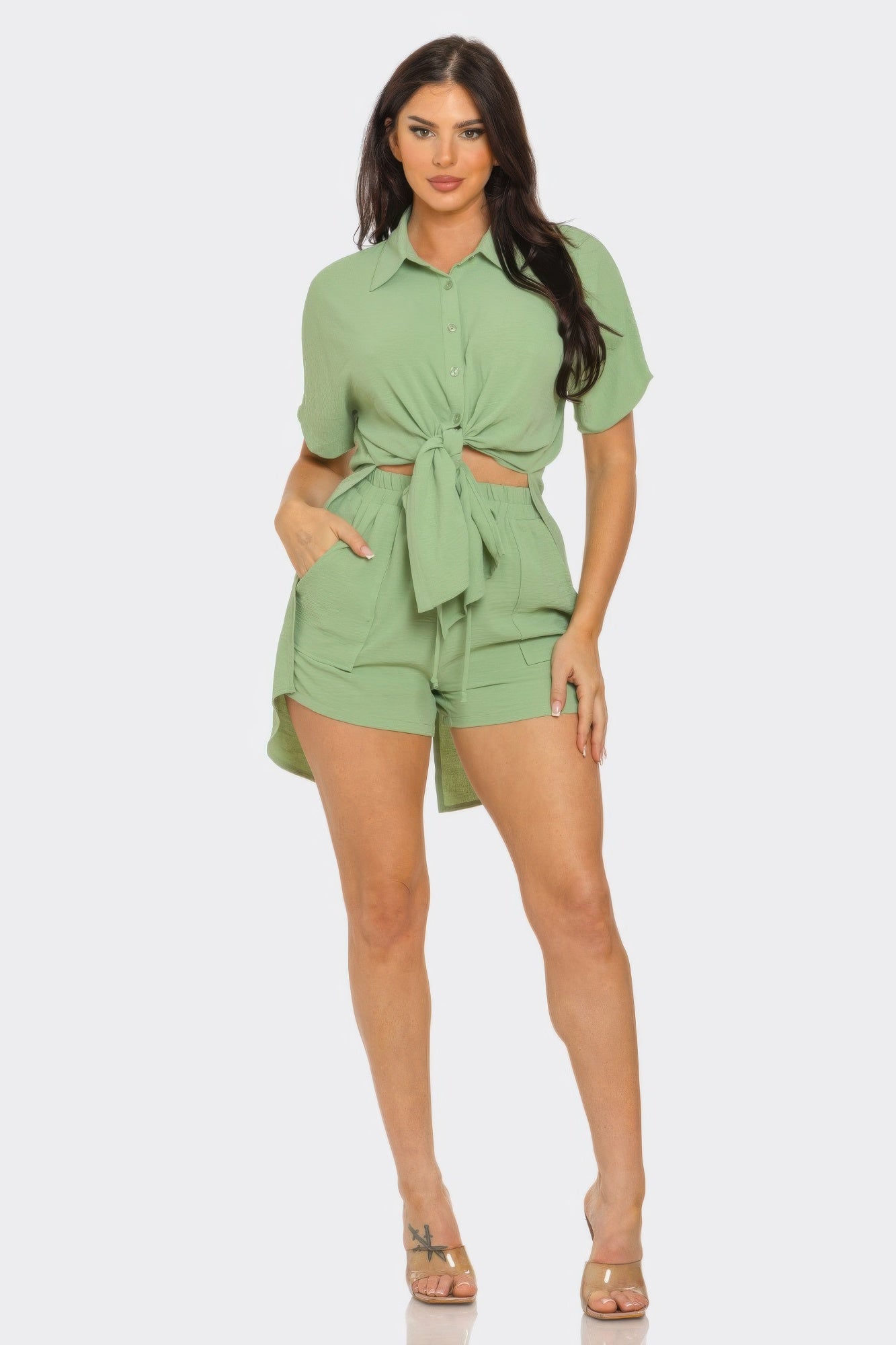 Front Tie Back Oversized Slit Top And Shorts Set - Tigbul's Variety Fashion Shop