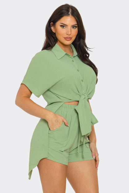 Front Tie Back Oversized Slit Top And Shorts Set - Tigbul's Variety Fashion Shop