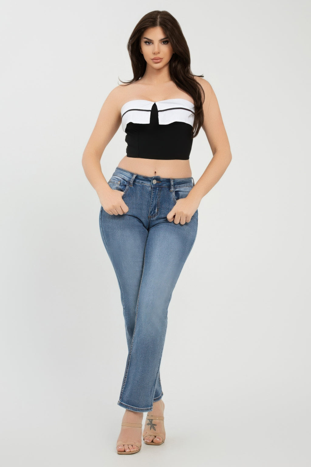Contrast black-and-white strapless tube top with fold-over band at bust