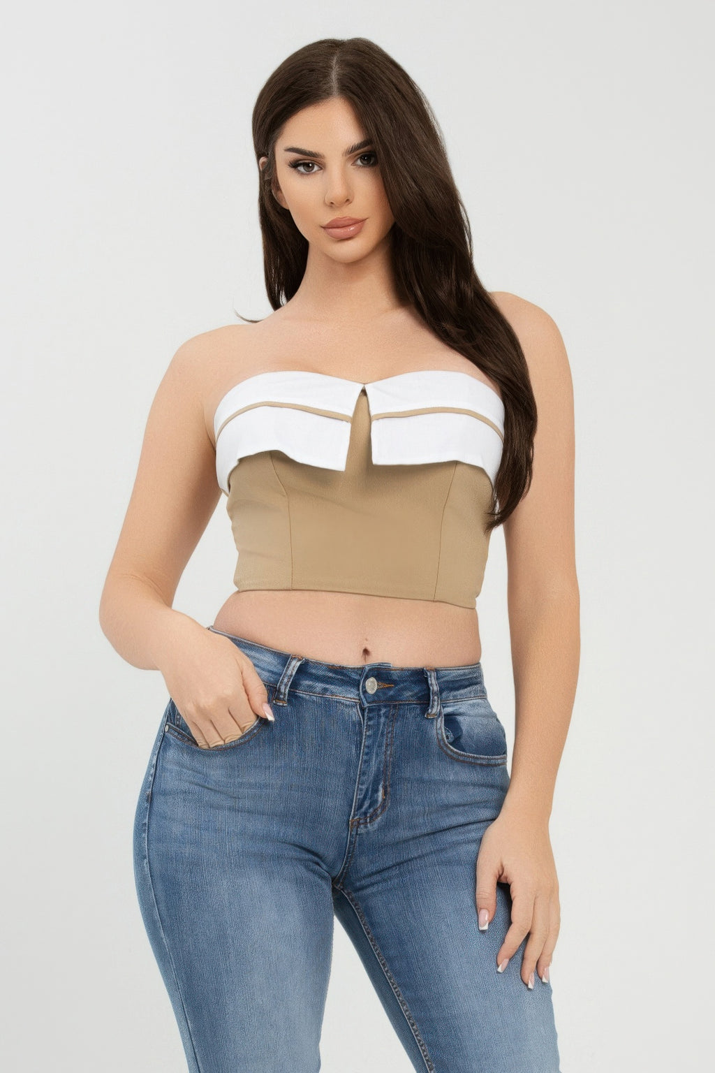 Khaki and white fold-over strapless tube top with center notch detail