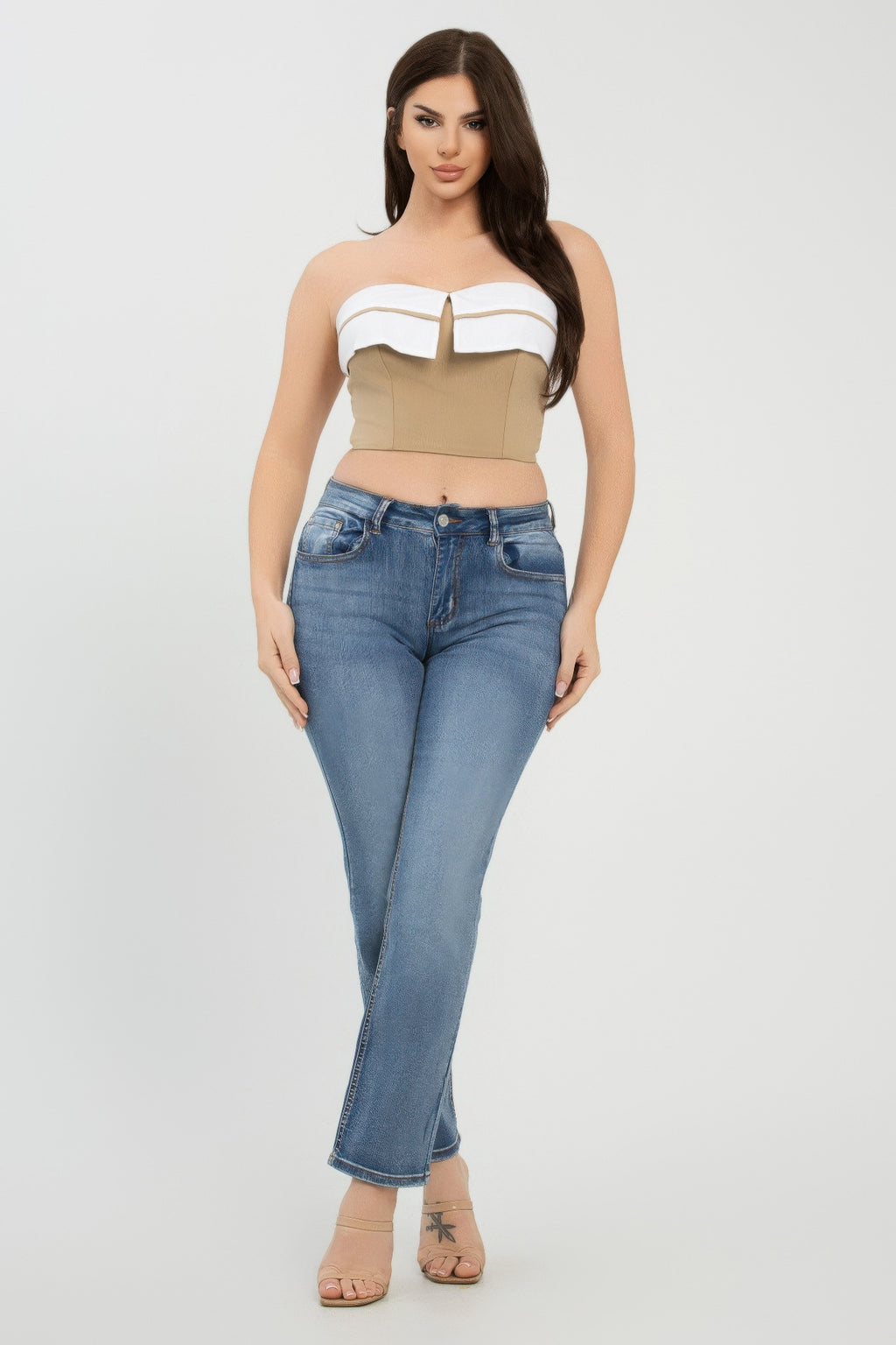 Contrast khaki-and-white strapless tube top with fold-over bust band