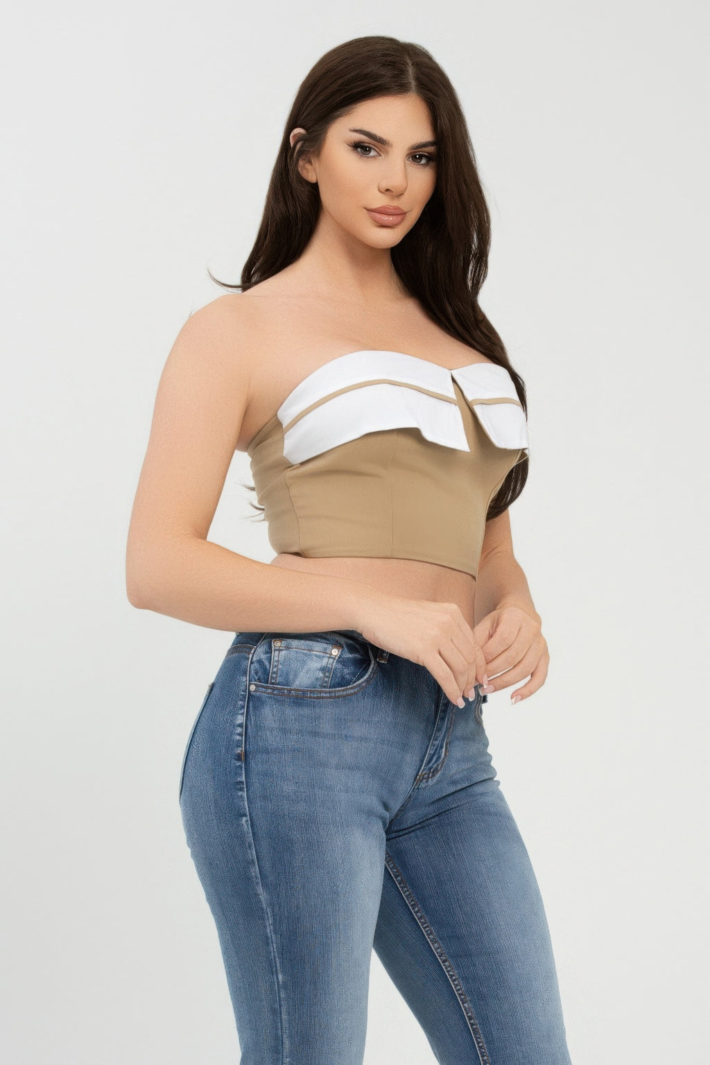 Khaki strapless tube top with white fold-over band and central notch