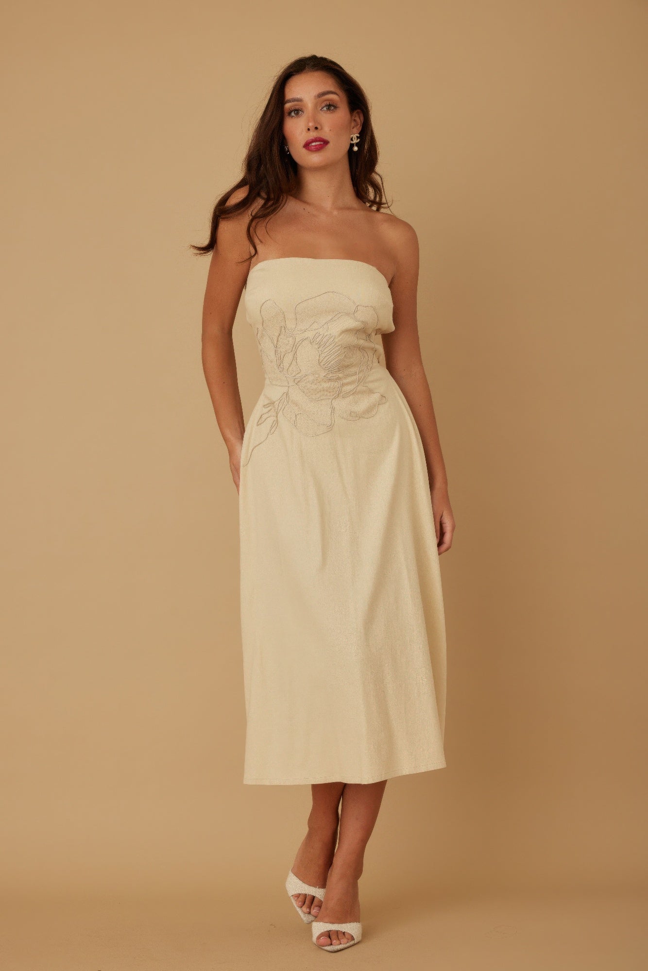 Ivory strapless linen midi dress with floral embroidery panel and gathered neckline