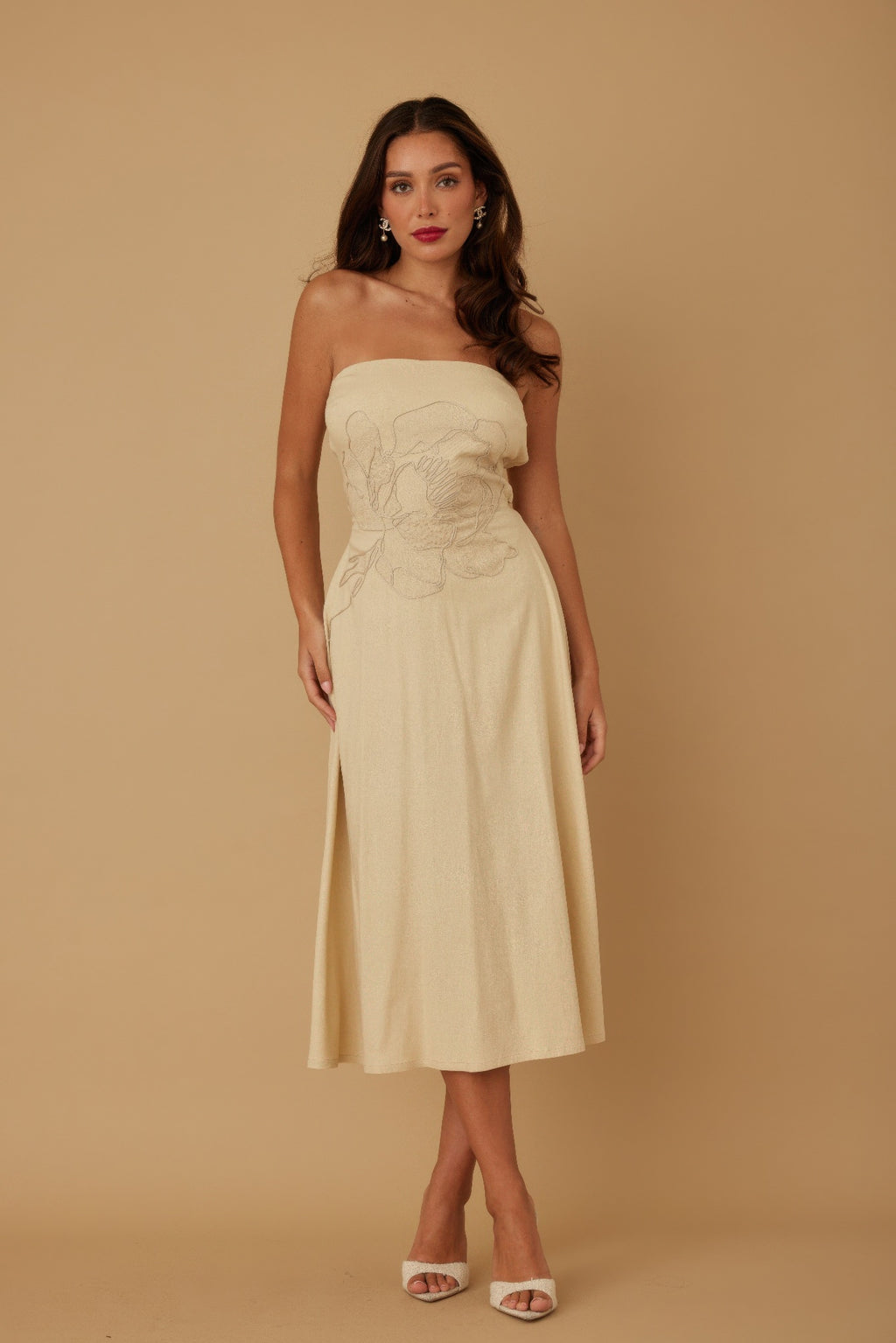Linen Flower Pattern Strapless Dress - Tigbul's Variety Fashion Shop