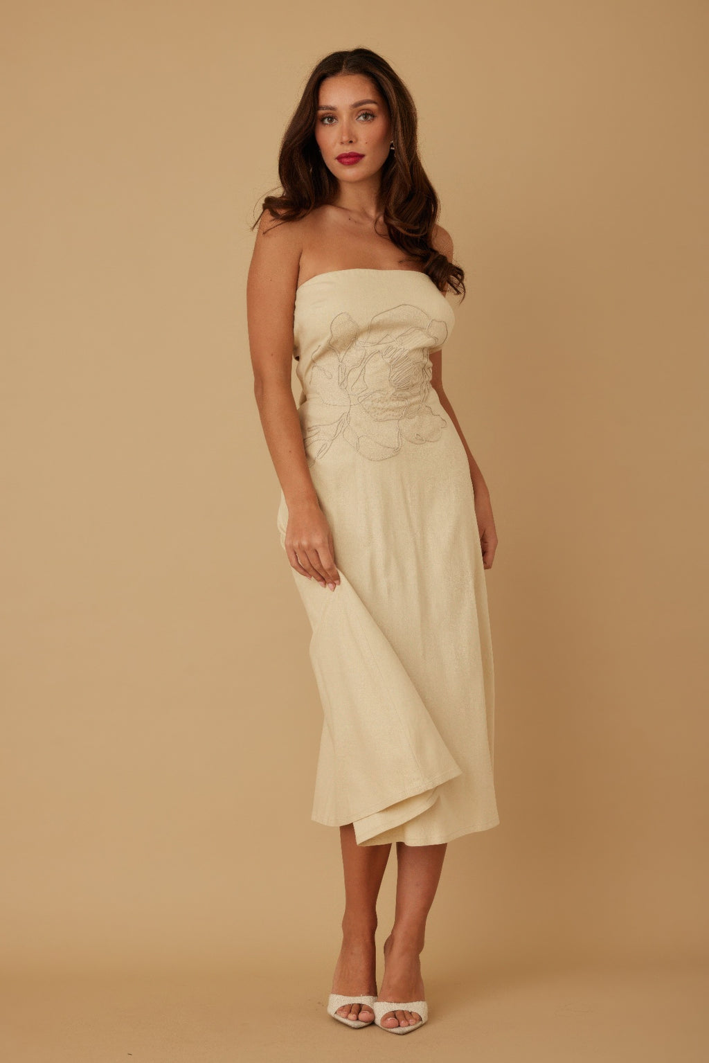 Ivory strapless linen midi dress with floral pattern, structured gathered top