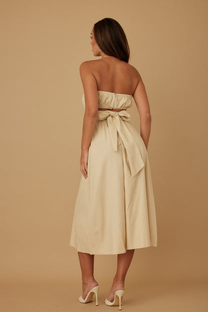 Linen Flower Pattern Strapless Dress - Tigbuls Variety Fashion Shop