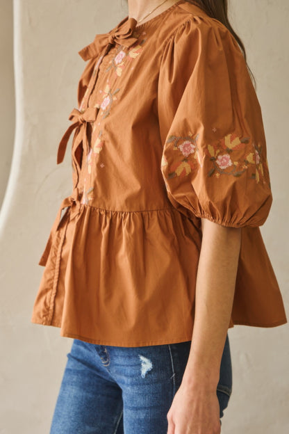 Poplin Front Ribbon Tie Blouse - Tigbul's Variety Fashion Shop