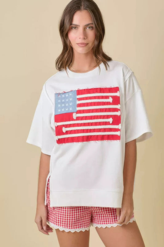 Boxy Wide Top With American Flag Patchwork - Tigbul's Variety Fashion Shop