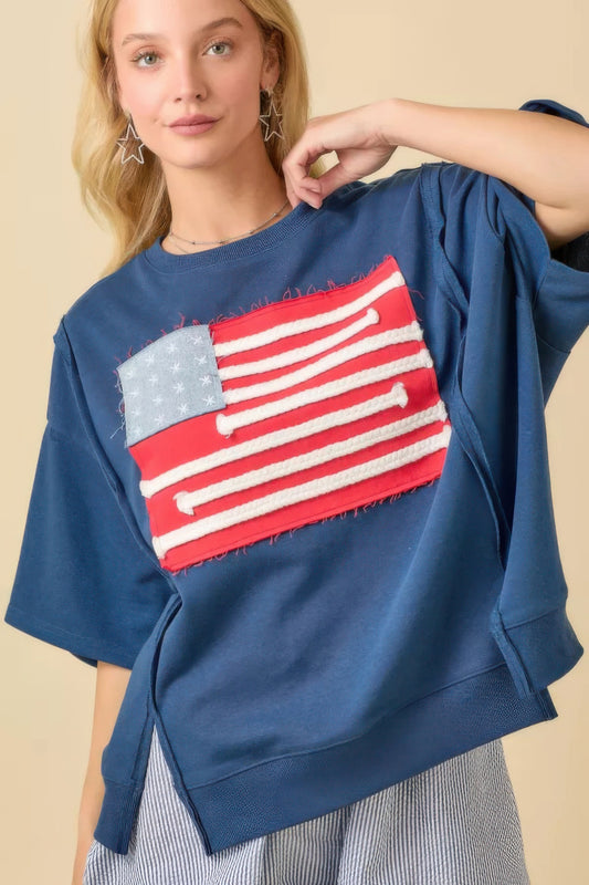 Boxy Wide Top With American Flag Patchwork - Tigbul's Variety Fashion Shop