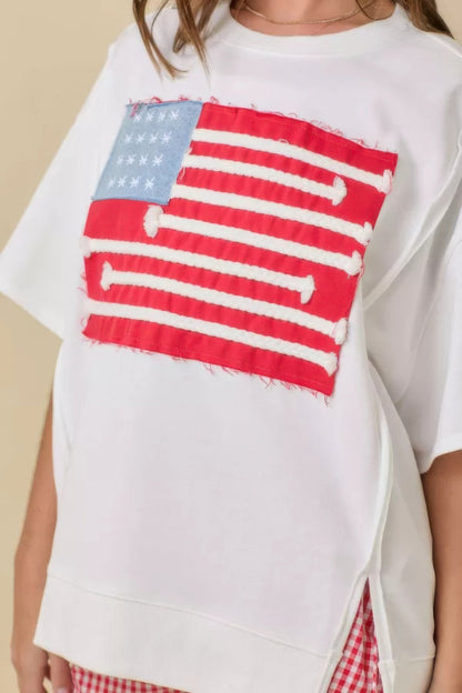 Boxy Wide Top With American Flag Patchwork - Tigbul's Variety Fashion Shop