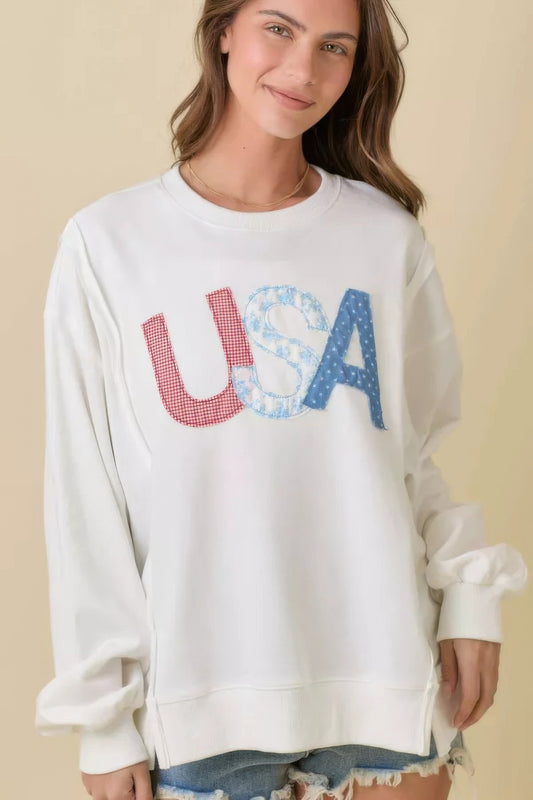 4th Of July Usa Patchwork Crewneck Long Sleeve Top - Tigbul's Variety Fashion Shop