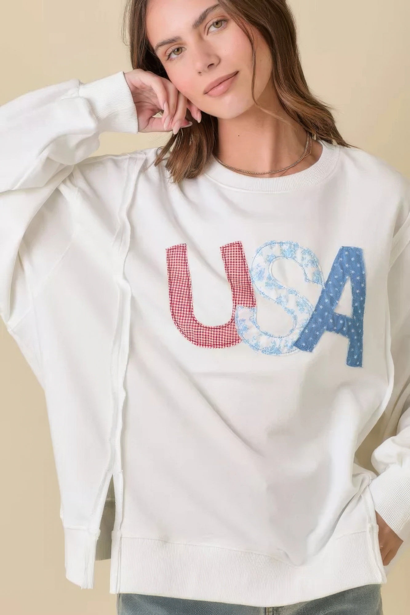 4th Of July Usa Patchwork Crewneck Long Sleeve Top - Tigbul's Variety Fashion Shop