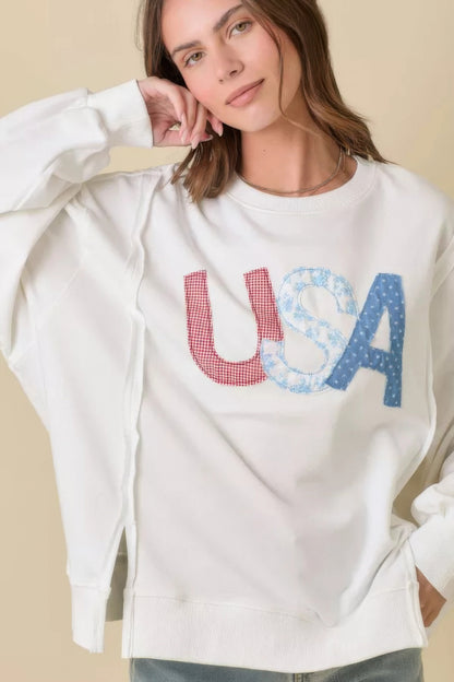 4th Of July Usa Patchwork Crewneck Long Sleeve Top - Tigbul's Variety Fashion Shop
