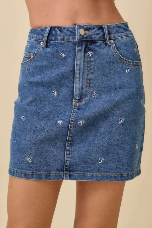 Mini Denim Skirt With All Over Ribbon Bow - Tigbul's Variety Fashion Shop