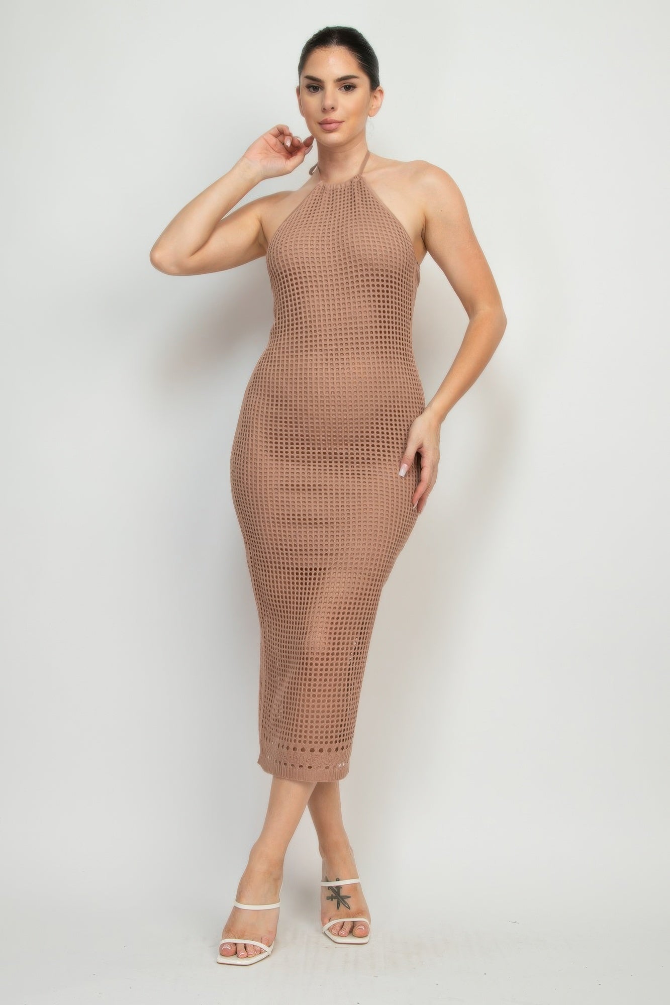 Halter Neck Open-back Midi Dress in Mocha, sleeveless knit mesh with midi length