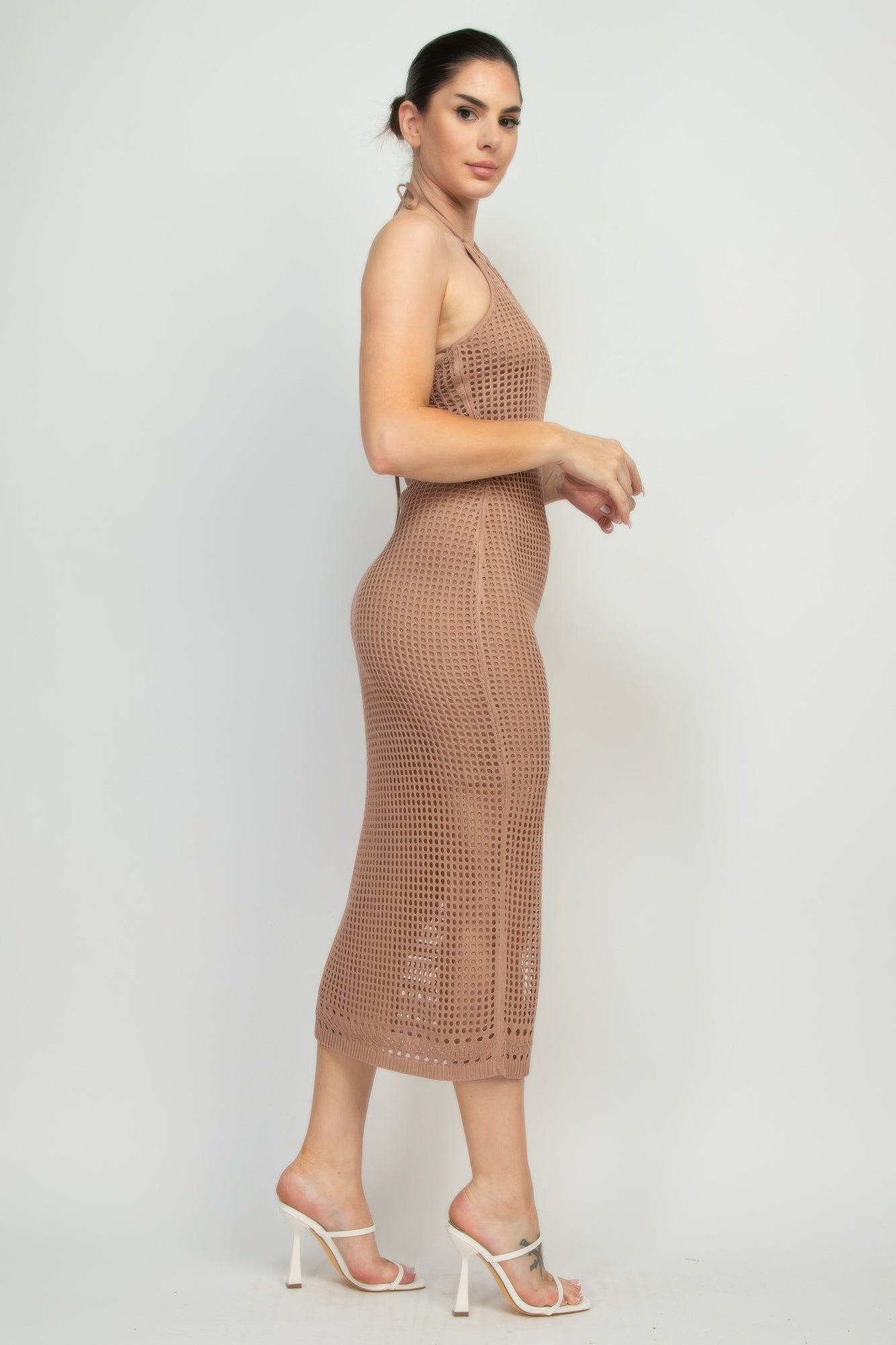 Mocha halter open-back midi dress, fitted knit mesh with thin straps and side view