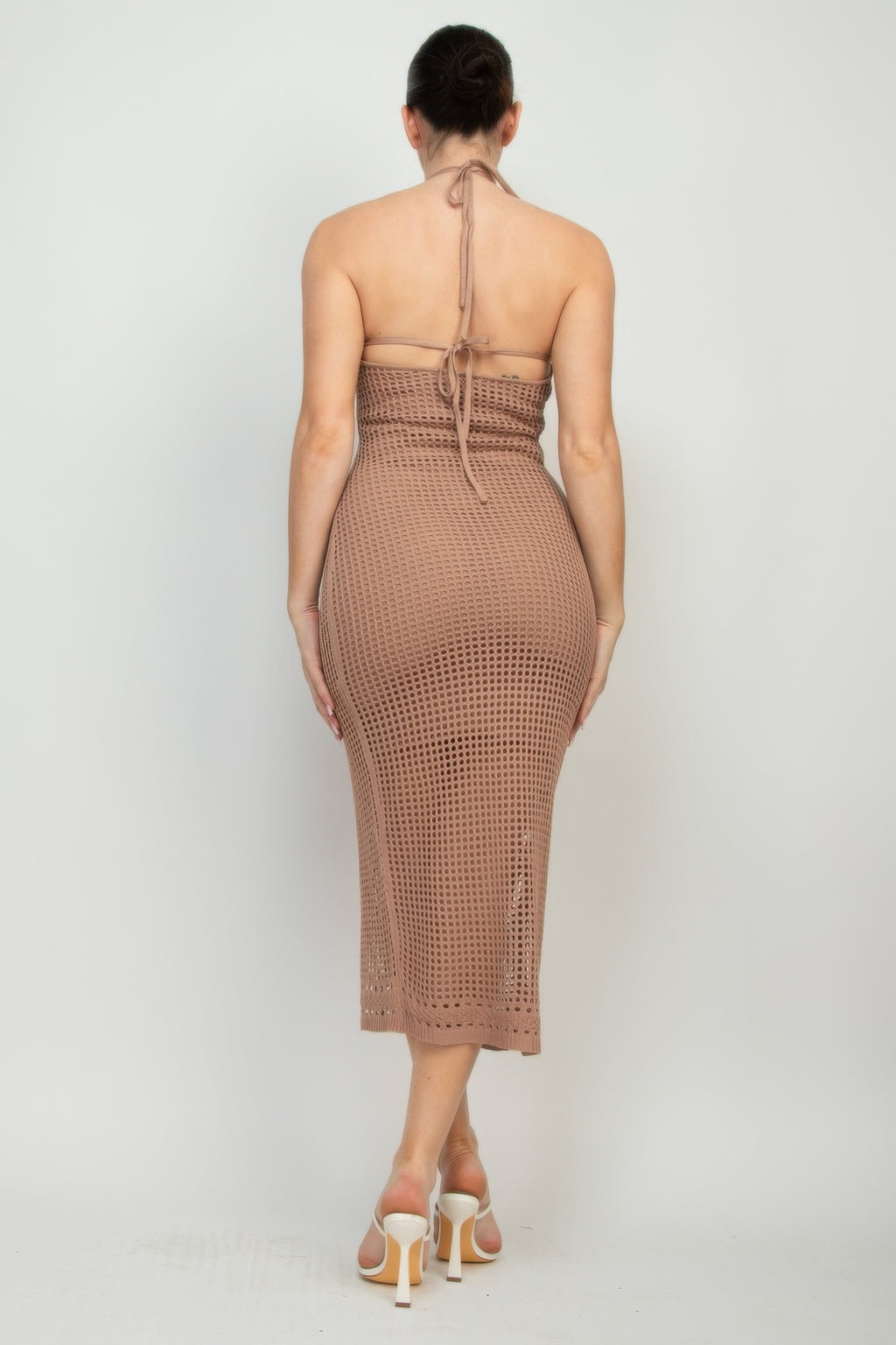 Mocha open-back midi dress from the back, halter tie detail and fitted knit mesh