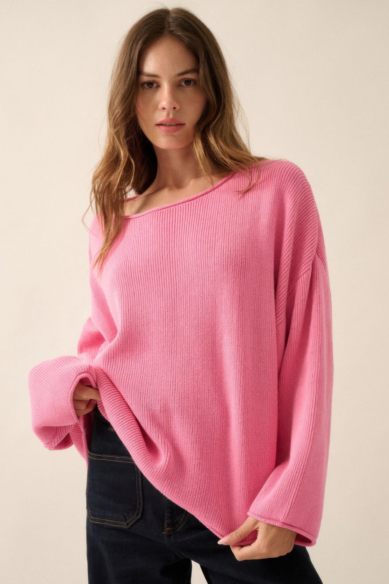 Solid rib-knit oversized boatneck sweater, pink, relaxed fit and wide sleeves
