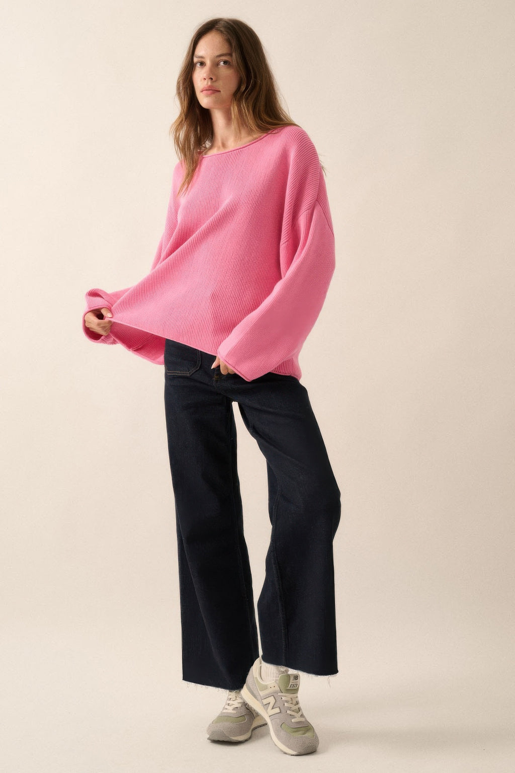 Pink oversized boatneck rib-knit sweater with drop shoulders and ribbed cuffs