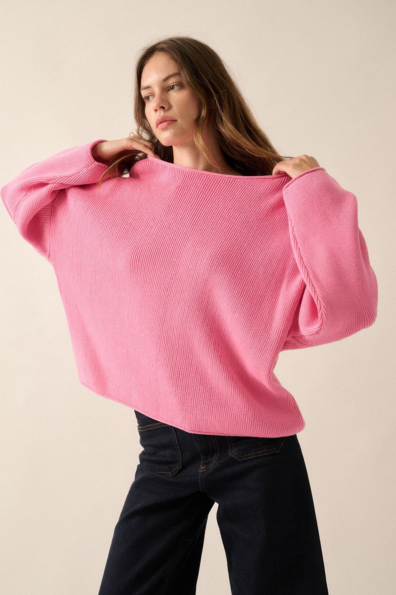 Pink boatneck rib-knit sweater, loose oversized silhouette with wide neckline