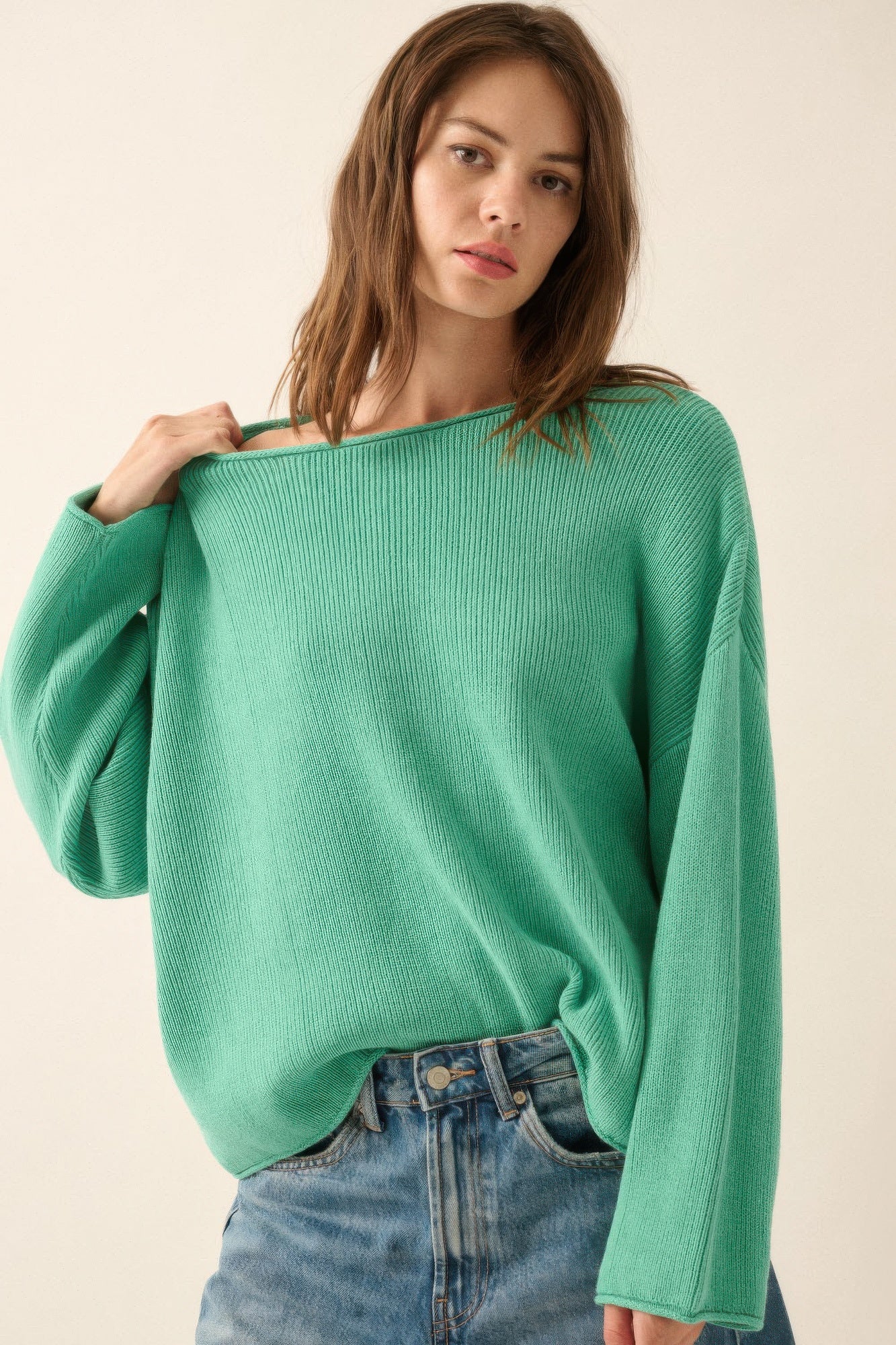 Solid rib-knit oversized boatneck sweater, pine green, wide sleeves and relaxed fit