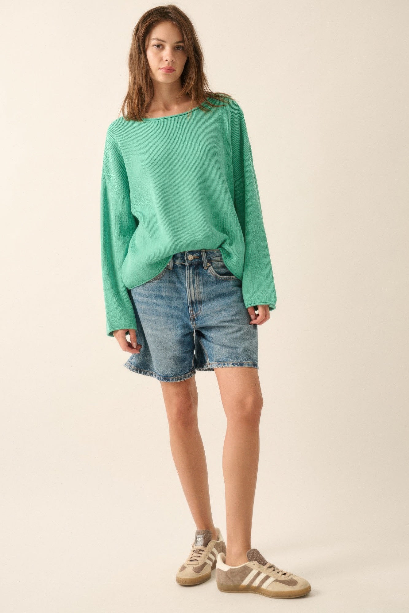Pine green oversized boatneck rib-knit sweater with dropped shoulders and ribbed hem