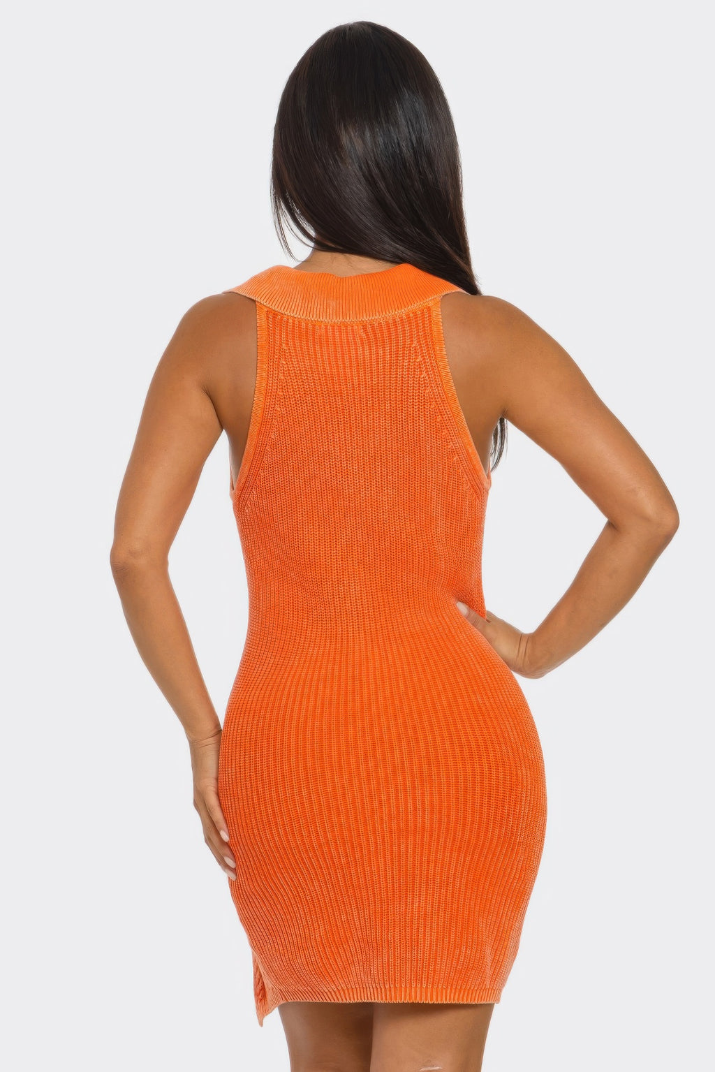 Mineral Wash Dress orange sleeveless knit mini, open back with ribbed hem