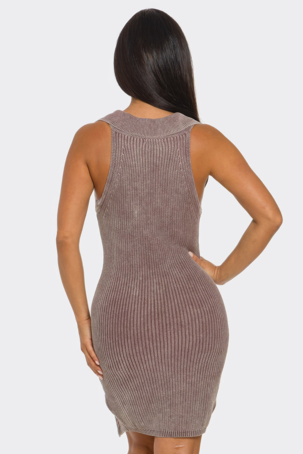 Back view of mocha mineral wash sleeveless knit dress with ribbed pattern and side slit