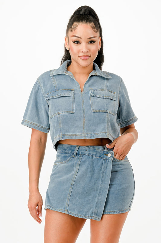 Cropped Denim Shirt And Skort Set - Tigbul's Variety Fashion Shop