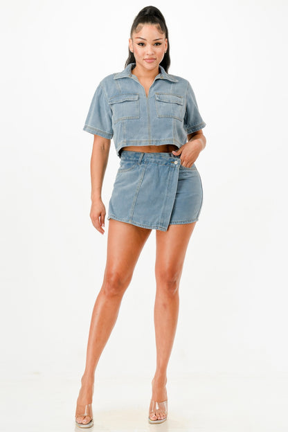 Cropped Denim Shirt And Skort Set - Tigbul's Variety Fashion Shop