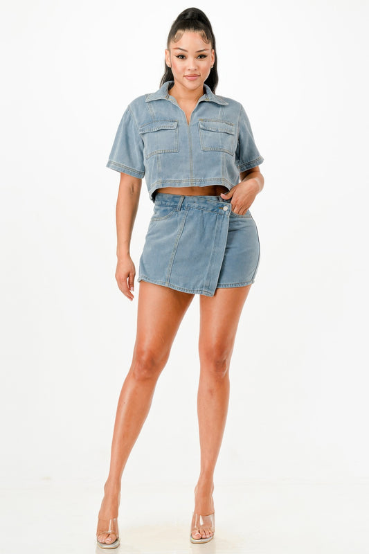 Cropped Denim Shirt And Skort Set - Tigbul's Variety Fashion Shop