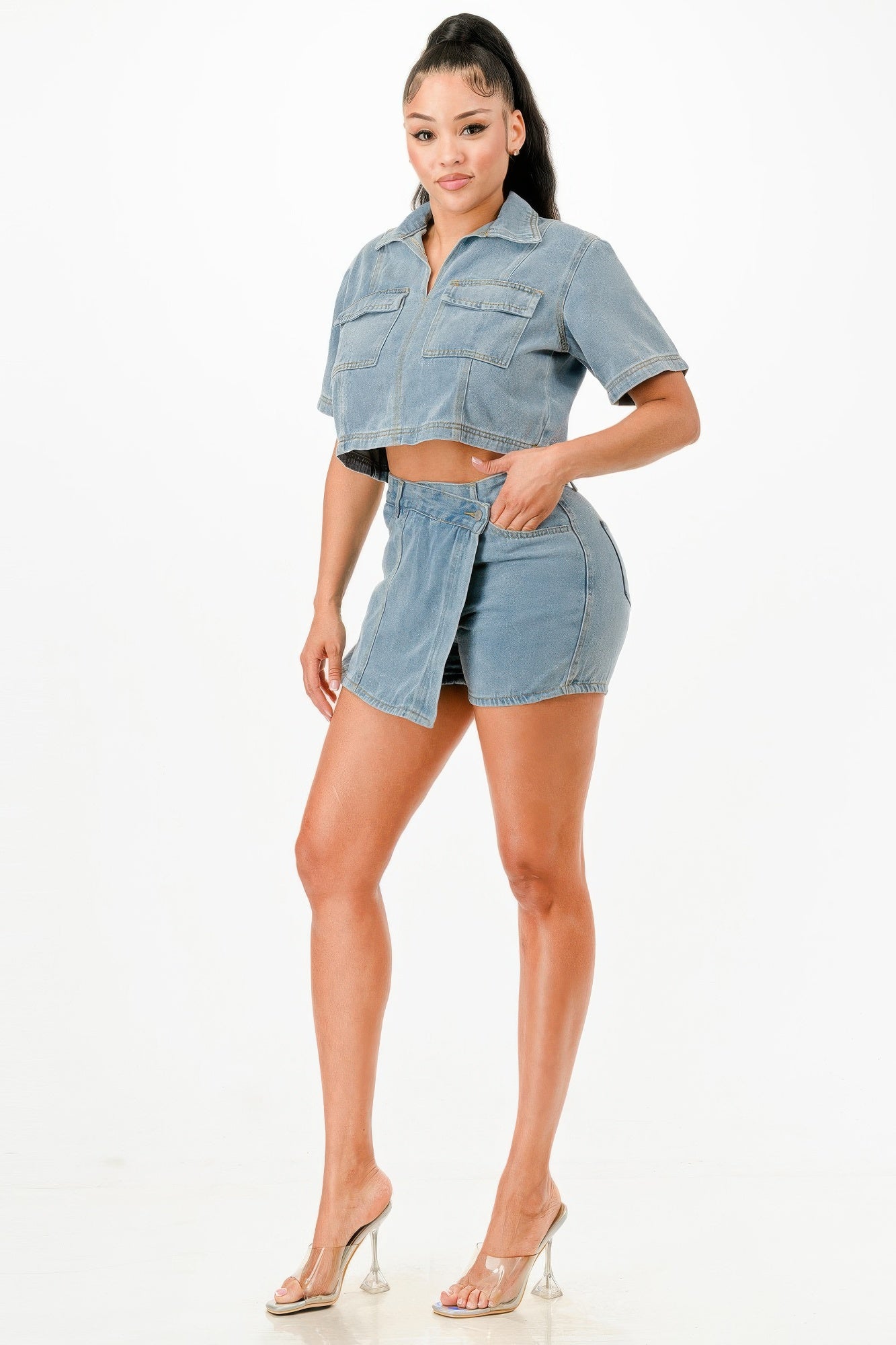 Cropped Denim Shirt And Skort Set - Tigbul's Variety Fashion Shop