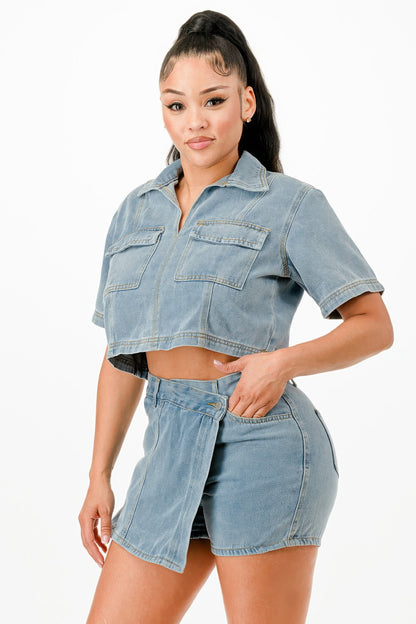 Cropped Denim Shirt And Skort Set - Tigbul's Variety Fashion Shop