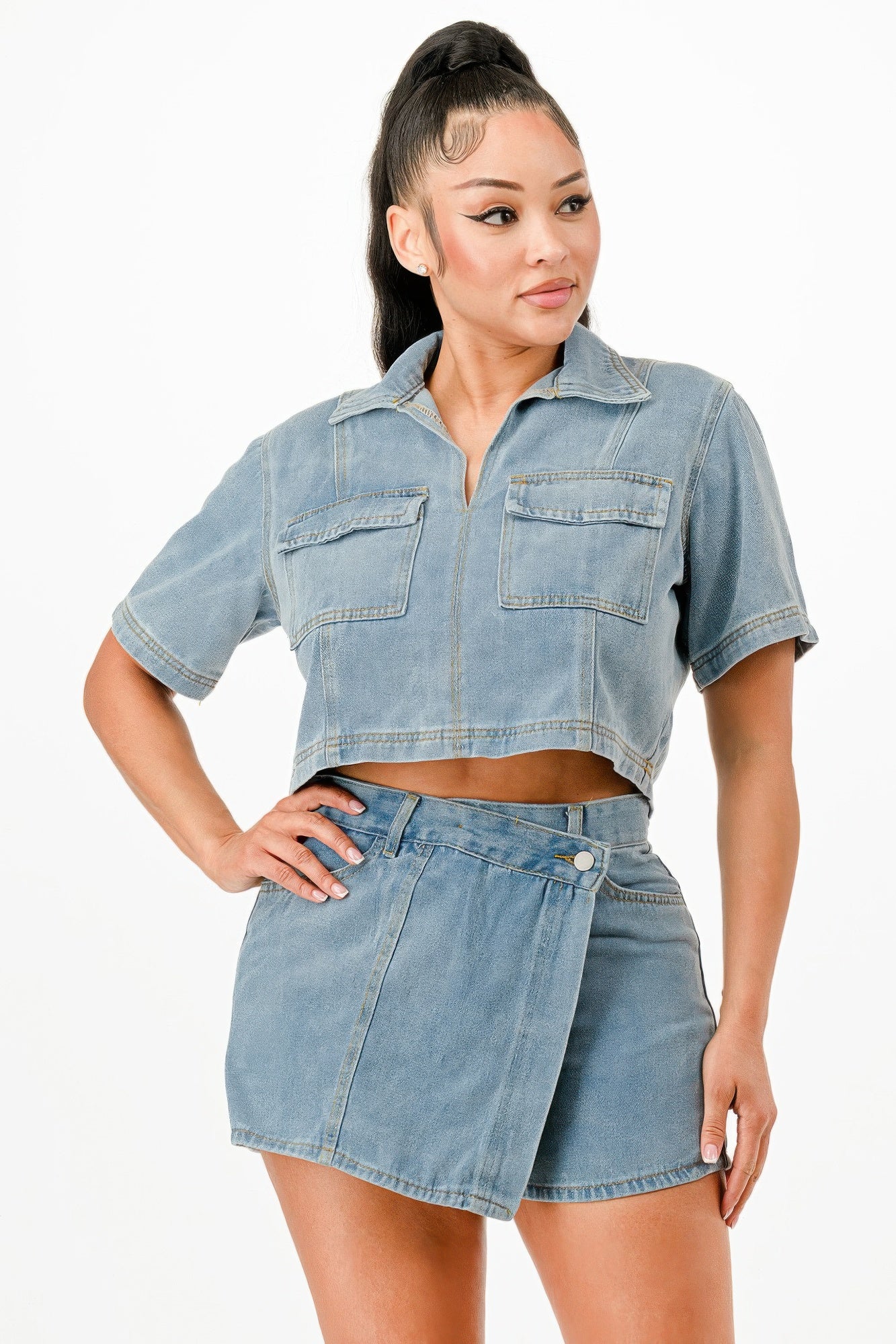 Cropped Denim Shirt And Skort Set - Tigbul's Variety Fashion Shop
