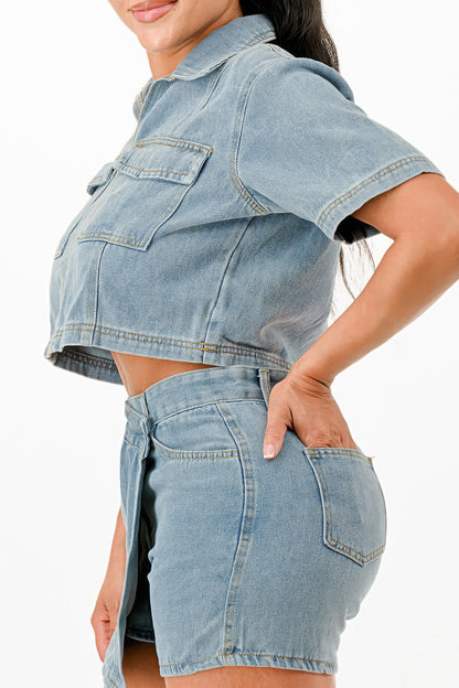 Cropped Denim Shirt And Skort Set - Tigbul's Variety Fashion Shop