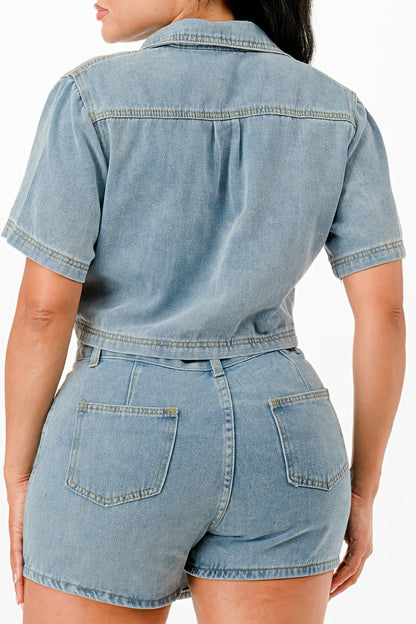 Cropped Denim Shirt And Skort Set - Tigbul's Variety Fashion Shop