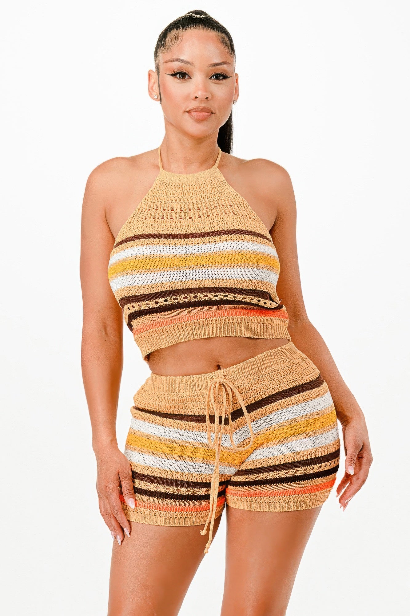 Crochet short set: halter cropped top and matching striped drawstring shorts