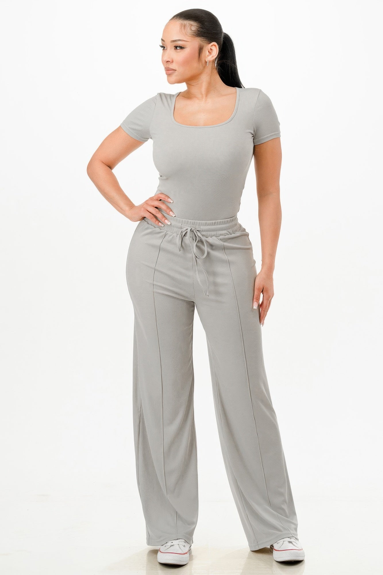 Ribbed Bodysuit And Pants Set - Tigbul's Variety Fashion Shop