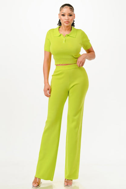 Cropped Polo Sweater Shirt And Pants Set - Tigbul's Variety Fashion Shop