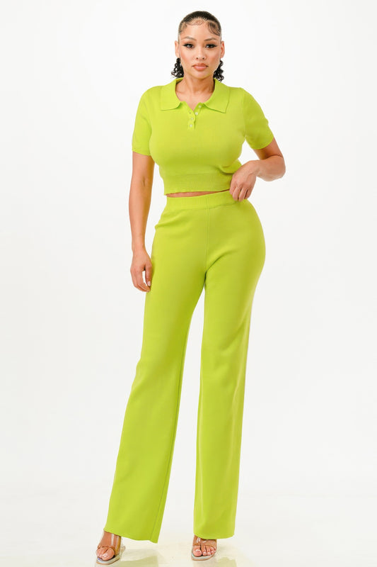 Cropped Polo Sweater Shirt And Pants Set - Tigbul's Variety Fashion Shop
