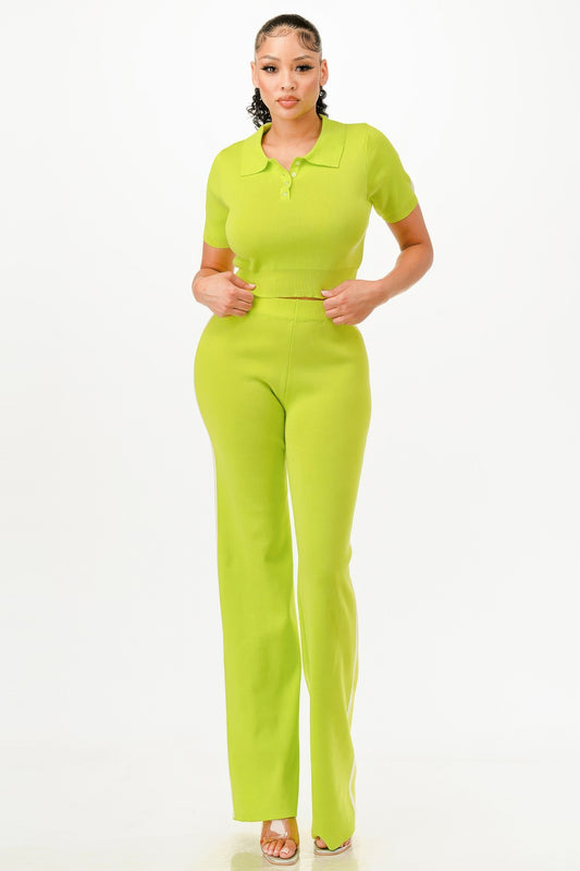 Cropped Polo Sweater Shirt And Pants Set - Tigbul's Variety Fashion Shop