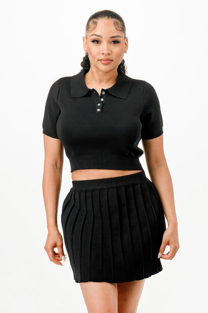 Cropped Polo Sweater Shirt And Skirt Set - Tigbul's Variety Fashion Shop