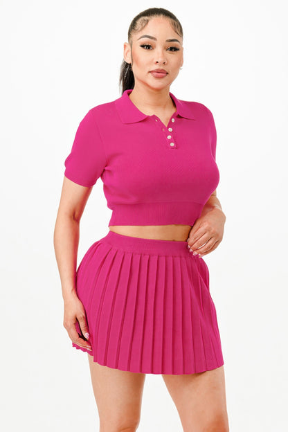 Cropped Polo Sweater Shirt And Skirt Set - Tigbul's Variety Fashion Shop
