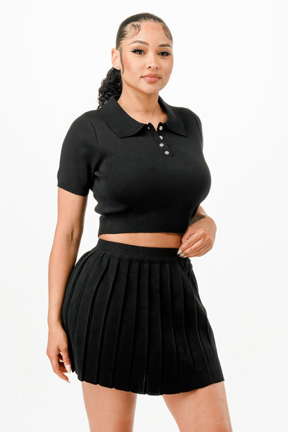 Cropped Polo Sweater Shirt And Skirt Set - Tigbul's Variety Fashion Shop