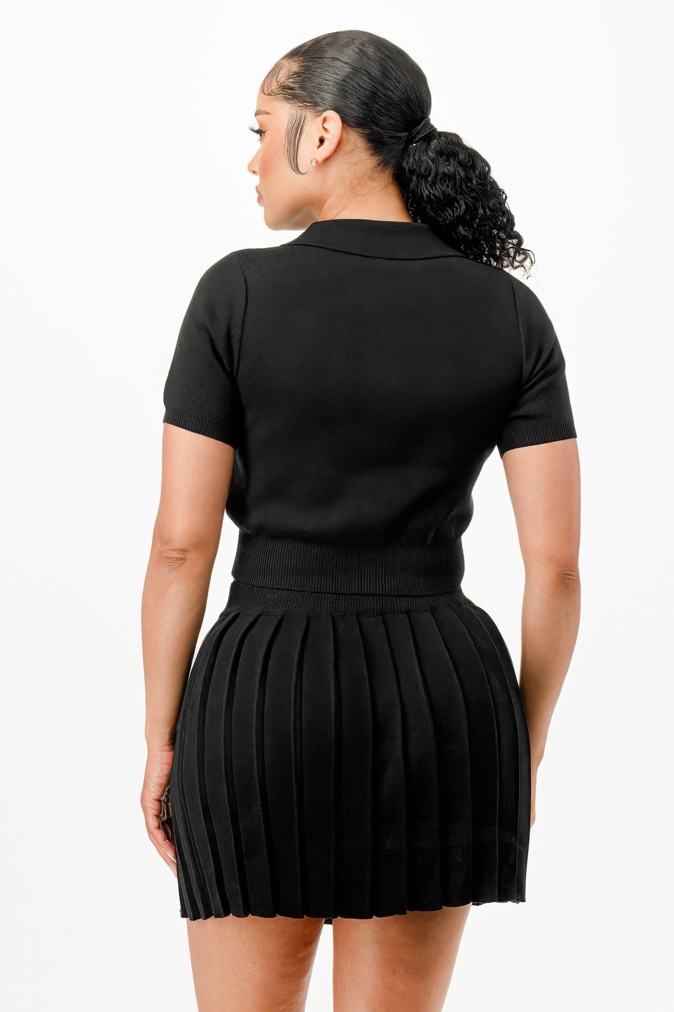 Cropped Polo Sweater Shirt And Skirt Set - Tigbul's Variety Fashion Shop
