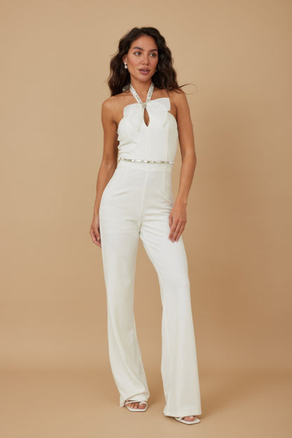 Rhinestone Ribbon Haltered Neck Jumpsuit - Tigbul's Variety Fashion Shop