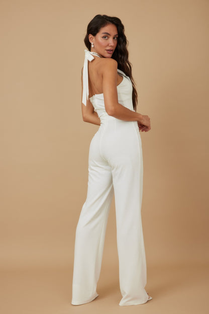 Rhinestone Ribbon Haltered Neck Jumpsuit - Tigbul's Variety Fashion Shop