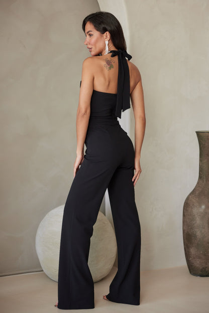 Rhinestone Ribbon Haltered Neck Jumpsuit - Tigbul's Variety Fashion Shop