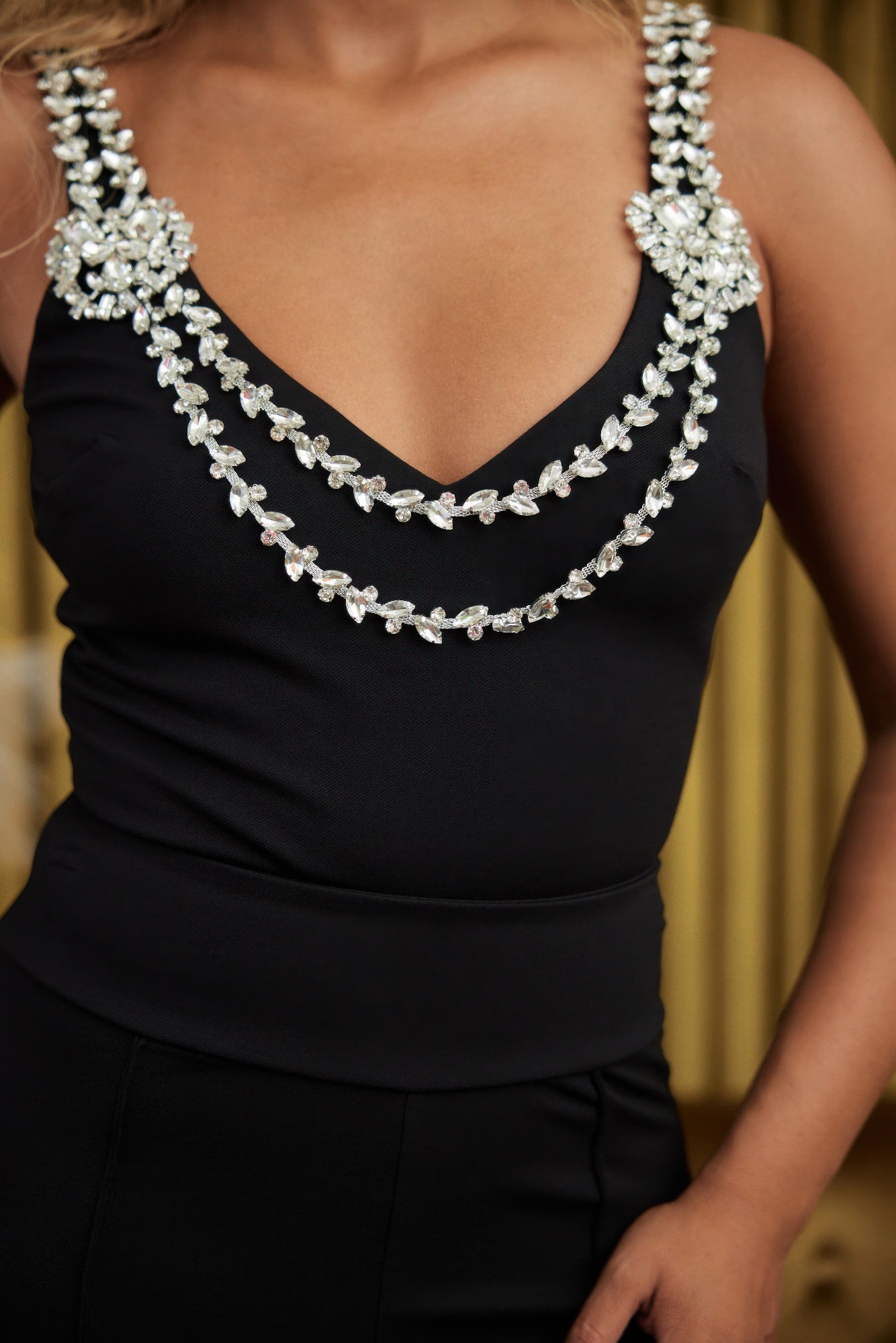 Layered Crystal Stone Strap Bodysuit - Tigbul's Variety Fashion Shop